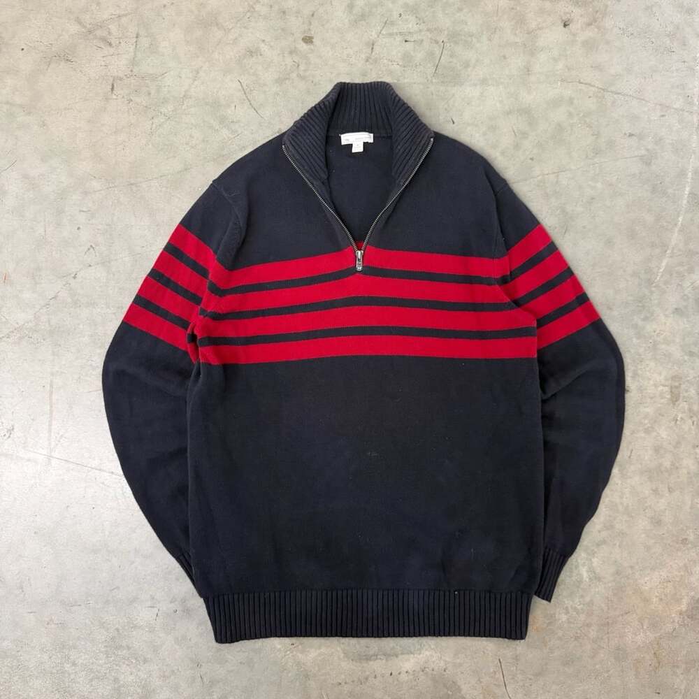 Gap Designed & Crafted Quarter Zip Sweater Size M Tall Blue Red Striped